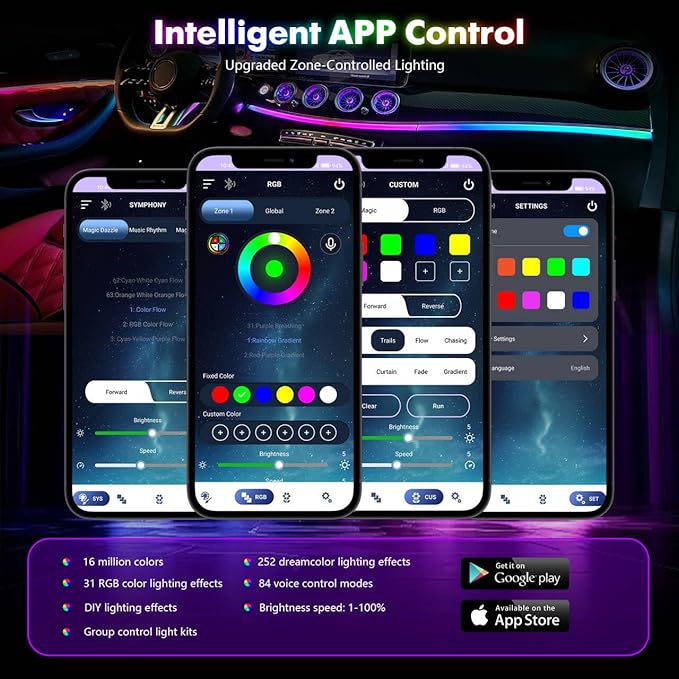 Dreamcolor Acrylic Car Interior Lights 22 in 1 RGB LED Strip Lights APP Control Zoned Control System 252 Color Modes DIY Fiber Optic Ambient Lighting Kits Music Car Neon Light Kits New Version
