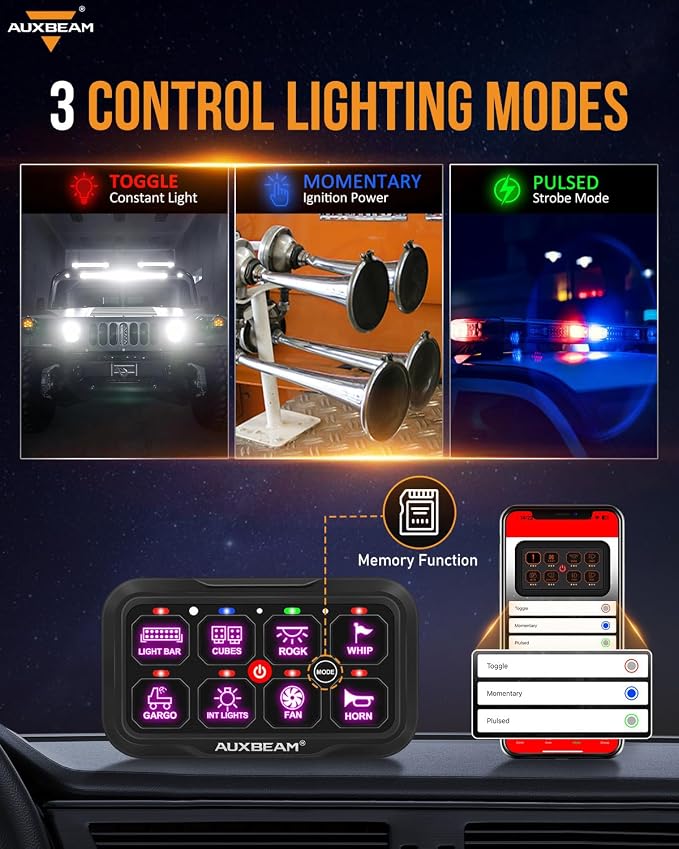Auxbeam 8 Gang Switch Panel Bluetooth AR-800 RGB APP Control with Backlit Off Toggle Momentary Pulsed Auxiliary Switch Panel for Truck SUV ATV UTV RV Multifunction 12-24V Waterproof 3 Years Warranty