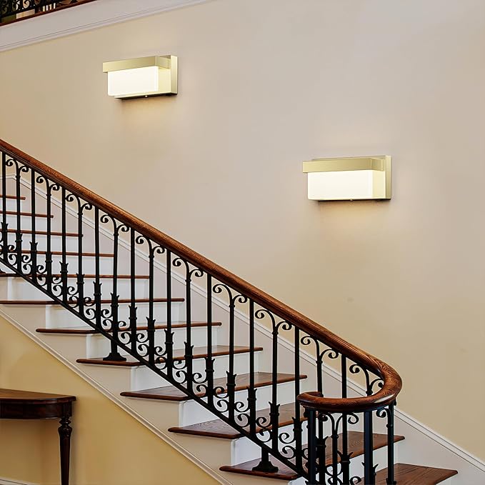 Switched LED Wall Sconce Set of 2, Indoor 8 inch 12 Watt 4000K Hardwired Champagne Wall Mounted Sconce Light with On/Off Switch, Frosted Arcylic Shade Sconces for Bedroom Living Room Bathroom Kitchen