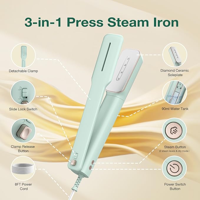 Newbealer 3in1 Travel Iron, 100-240V Clothes Steamer, 2 Steam Levels, Green | Portable for On-the-Go, Heats in 20s, Dry Iron w/ Clamp, 180° Rotatable Head, 360° Leak-Proof, Auto-Off, Self-Cleaning, 90ml
