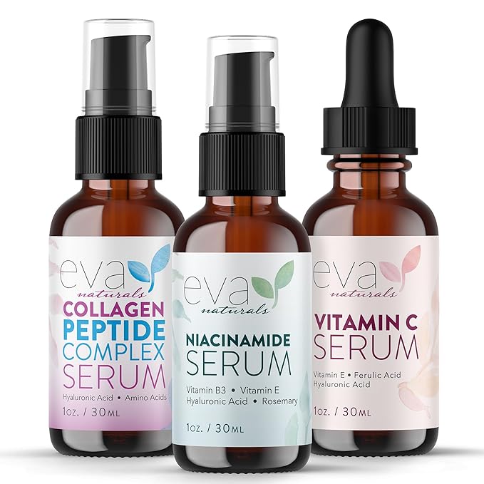 Eva Naturals ファーム＆グロー美容液バンドル – ビタミンC、ペプチド、ナイアシンアミド美容液 – シワ、輝き、毛穴、保湿のためのエイジングケアフェイス美容液セット – コラーゲンブースティングスキンケアルーチン