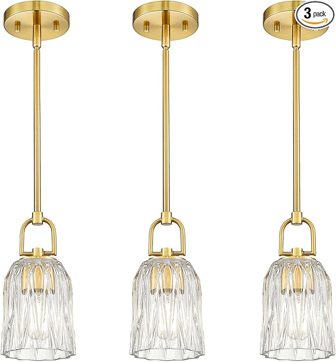 FEMILA 3 Pack Gold Pendant Light, 5" Modern Chandeliers for Dining Room Kitchen Hotel, E26 Base, 4FH83MIL-3PK BG