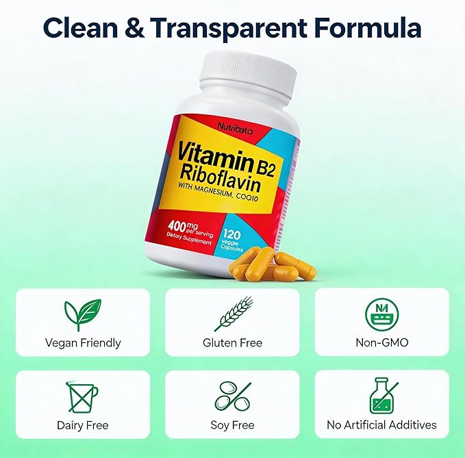 ビタミンB2リボフラビン400mg、マグネシウム＆CoQ10配合、高効能ビタミンB2サプリメント、エネルギー代謝と毎日の健康維持に、植物性カプセル120粒、60日分