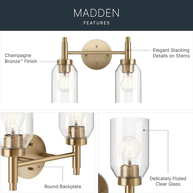 Kichler Madden 2-Light Bathroom Vanity Light Fixture with Clear Glass Shades, Modern Wall Mount Lighting in Champagne Bronze for Single or Double Vanity (10.5" x 14.25"), 55184CPZ