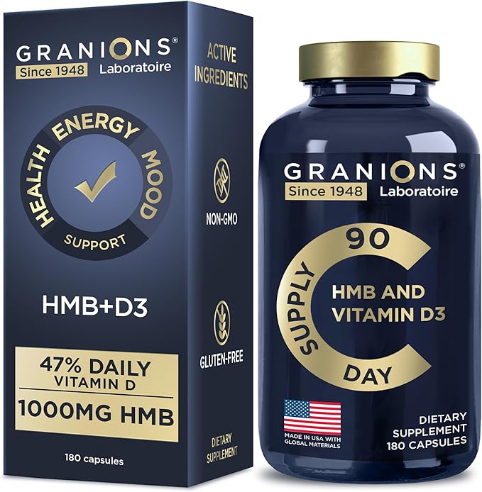 Suppléments de Vitamine D3 et HMB pour Hommes et Femmes - 1 000 mg de bêta-Hydroxy bêta-méthylbutyrate de Calcium par Portion - Soutien Nutritionnel Quotidien pour la Fonction Musculaire et la Santé Osseuse - 3 Mois d'Approvisionnement, 180 Gélules