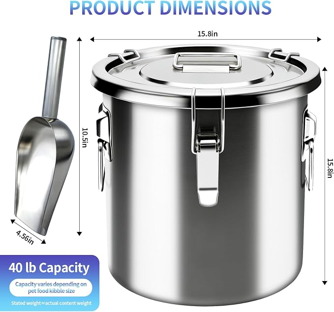 40 lb Stainless Steel Dog Food Storage Container, Airtight Metal Pet Food Storage Bin with Lid and Scoop, Large Dog Food Container for Dry Food, Keep Fresh, Easy to Clean