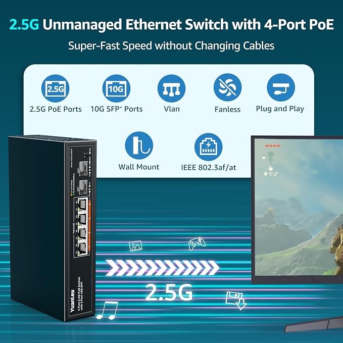 YuanLey 6 Port 2.5G PoE Switch Unmanaged, 4 x 2.5G Base-T PoE Ports, 2 x 10G SFP, IEEE802.3af/at, 78W, Compatible with 100/1000/2500Mbps, Metal Fanless, VLAN, Desktop/Wall Mount 2.5Gbe Network Switch
