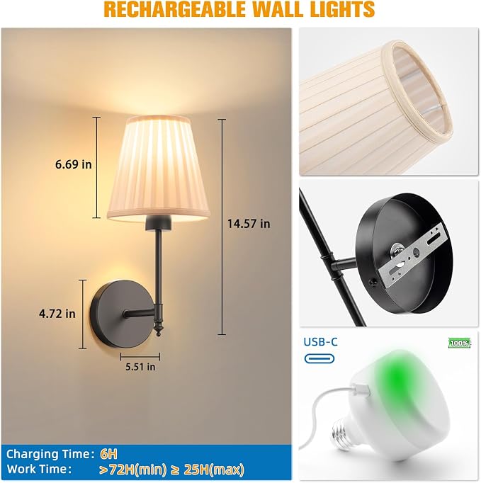NIORSUN 14.5 inch Battery Operated Wall Sconce Set of 2,Beige-Black Rechargeable Wall Lights with 10400mAh Dimmable Bulbs and Remote, 9 Colors Wireless Wall Lamps for Bedroom Living Room