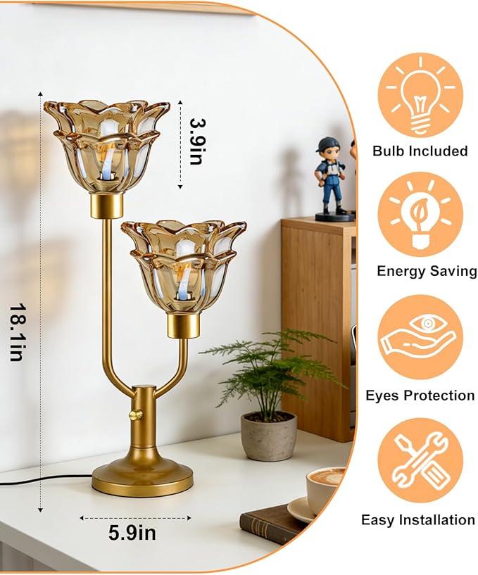 Lightdot Mid Century Modern Flower Table Lamp for Living Room Dimmable Nightstand Lamp Amber Glass Vintage Gold Desk Lamp 2 Bulbs Included Warmwhite Ambient Bedside Lamp for Bedroom Home Office Decor