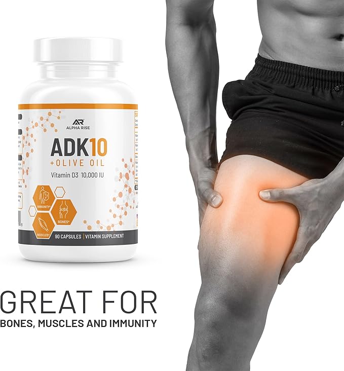 ADK 10 Complément vitaminique + Huile d'olive pour une meilleure absorption - avec Vitamines A + D3 (10 000 UI) + K2 (MK7+MK4) - 90 Capsules - Végétarien - Sans OGM