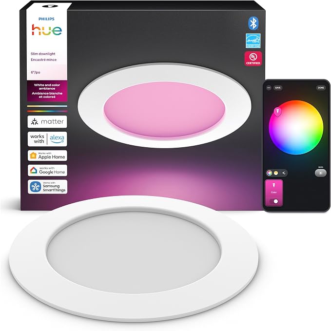 Philips Hue Slim Downlight, Recessed LED Ceiling Light 1-Pack, 1200 lm, 6-inch, Canless Design, Full-Spectrum Daylight 1000K-20000K, Ultra-Low Dimming, Precise Color, Smart Lighting, White