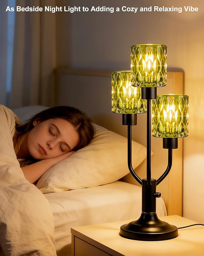 Mid Century Modern Table Lamp for Living Room Dimmable Nightstand Lamp Black Vintage Desk Lamp with Green Glass 3 Bulbs Included Warmwhite Ambient Bedside Lamps for Bedroom Office Home Decor