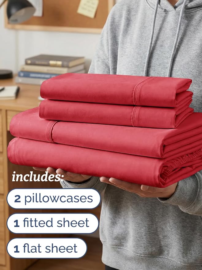 Twin XL 4 Piece Sheet Set - Comfy Breathable & Cooling - Ultra Soft Hotel Luxury Bedding Set w/ 8-16 Inch Deep Pockets - 1 Flat & 1 Fitted Sheet & 2 Pillowcases - Cozy, Wrinkle Free & Easy Care - Red
