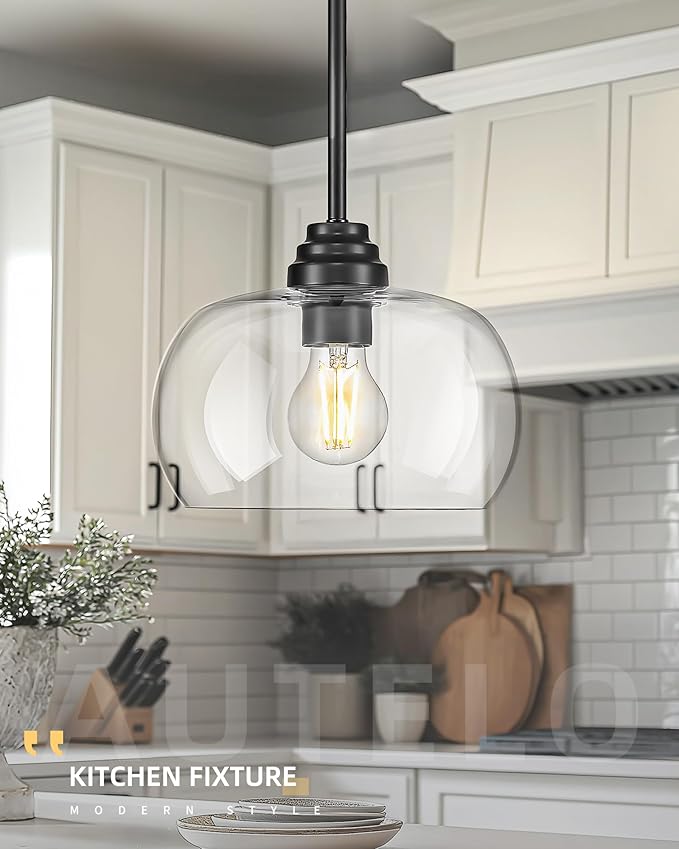 AUTELO Black Pendant Lights Kitchen Island, 1-Light Pendant Lights in Black Finish with Clear Glass, Modern Pendant Light Fixtures, Hanging Lamp for Kitchen Island H9385 BK-R