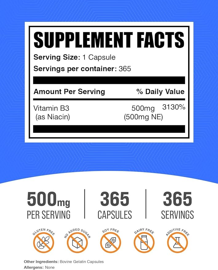BulkSupplements.com Gélules de niacine - Supplément de niacine, vitamine B3 - Sans gluten, 1 gélule par portion, 365 gélules (Paquet de 1)