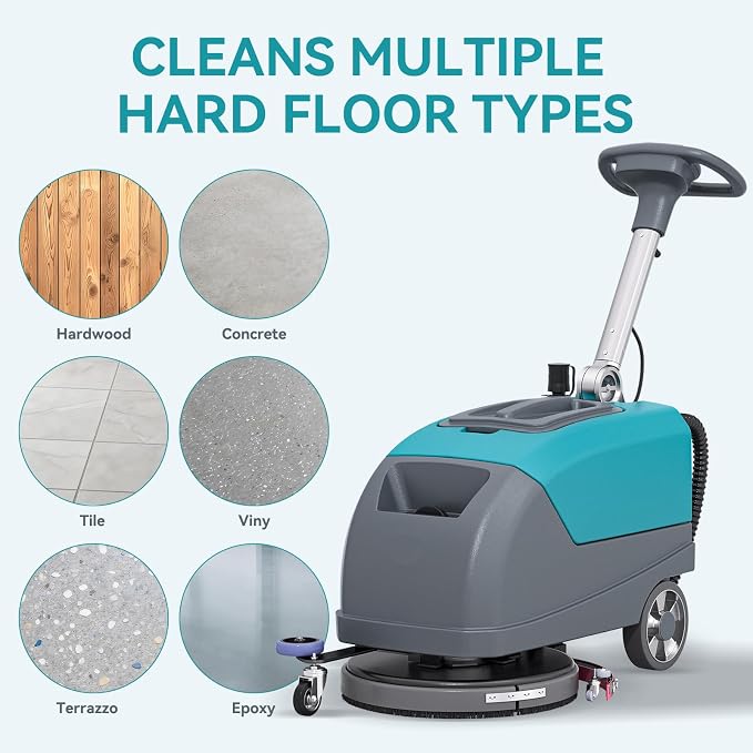 17" Walk Behind Commercial Floor Scrubber, 24" Squeegee Width | Battery Powered Cordless Floor Cleaner Polisher , 24000 SqFt/H Efficient Cleaning for Office Cafe Clinic Retail Store