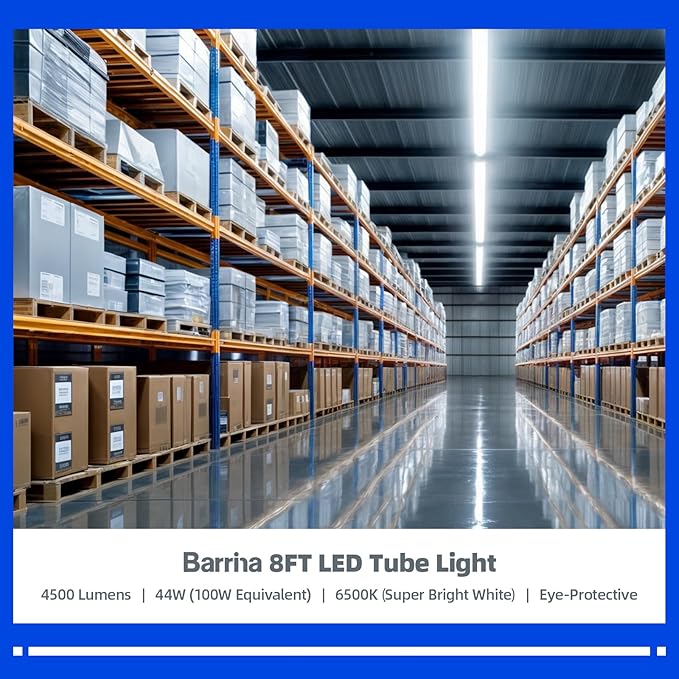 Barrina 8ft LED Bulbs, T8 T10 T12 LED Tube Lights, Single Pin FA8 96" LED Replacement for Fluorescent Fixture, 44W(100W Equivalent) 4500LM 6500K Super Birght, Ballast Bypass, Frosted Cover, 12 Packs