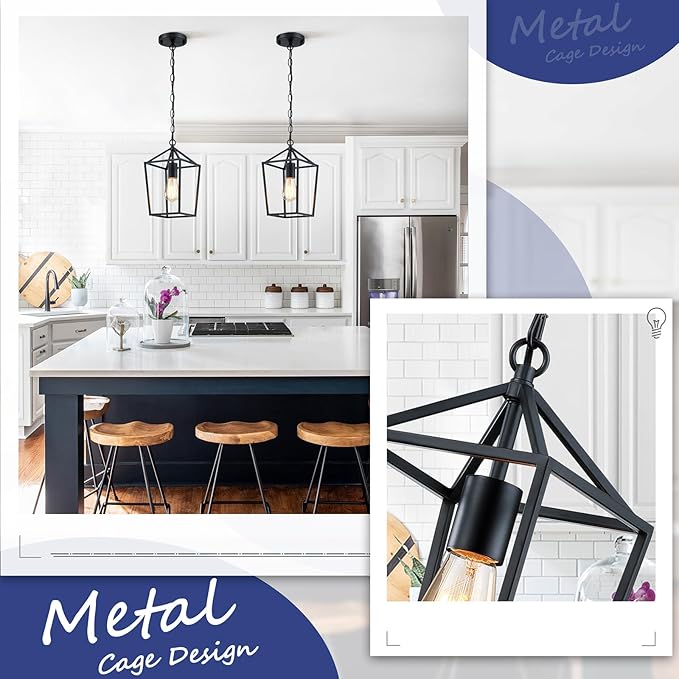 Sheetea 2-Pack Farmhouse Pendant Lights Kitchen Island, Black Pendant Light Fixtures Hanging Lamp for Dining Room, Modern Kitchen Pendant Lighting Over Island, Metal Cage Design