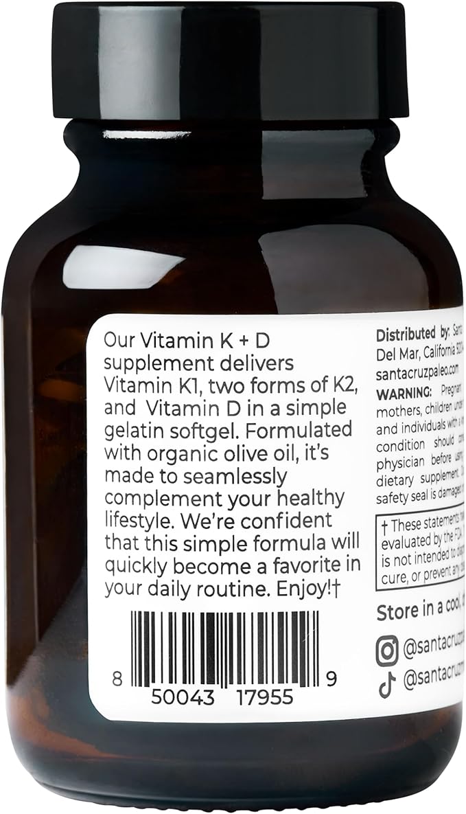 Gélules Santa Cruz Paleo Vitamine K2 + D3, complément quotidien avec de l'huile d'olive biologique, contient de la vitamine K1 et deux formes de K2, soutient la santé cardiaque et osseuse, sans gluten, sans sucre, paléo, céto, 60 unités