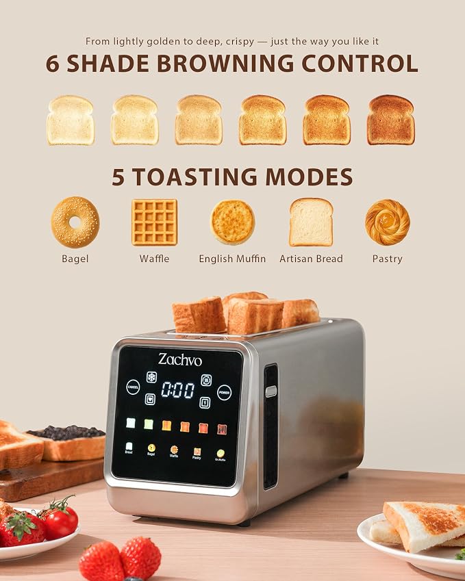 4 Slice Long Slot Toaster with Touchscreen, Memory Function, Extra Wide Slots for Bagels & Artisan Bread, Digital Timer, Reheat & Defrost, Slim Stainless Steel
