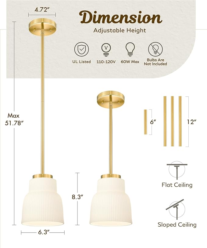 FEMILA Brushed Gold Pendant Light with Milk Glass Shade, Modern Hanging Light Fixture for Kitchen Island, Dining Room, Bar, E26 Socket, Adjustable Height, 4FYD87MIL BG