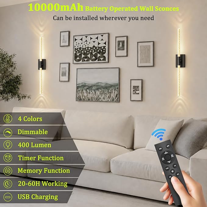 iThird Crystal Bubble Wall Sconces Set of 2: 10000mAh Rechargeable Wireless Lights with Remote & 360° Rotate, 4 Color Temps Dimmable, 31.5" Wall Lamp for Bedroom Living Room Mirror, Black