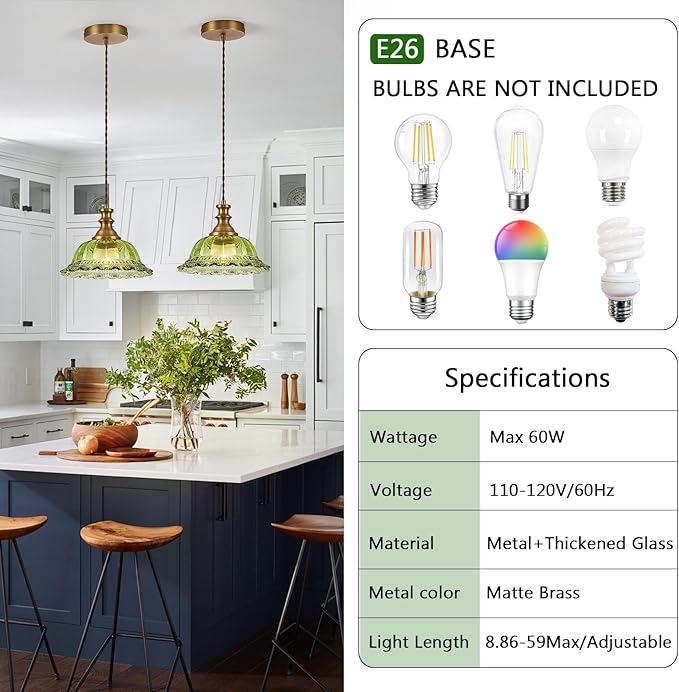 HDDFL Glass Pendant Lights Modern Pendant Lighting Fixtures Hanging Lamp for Kitchen Island Bedroom Dining Room Coffee Shop Hallway Green and Brass 2 Pack