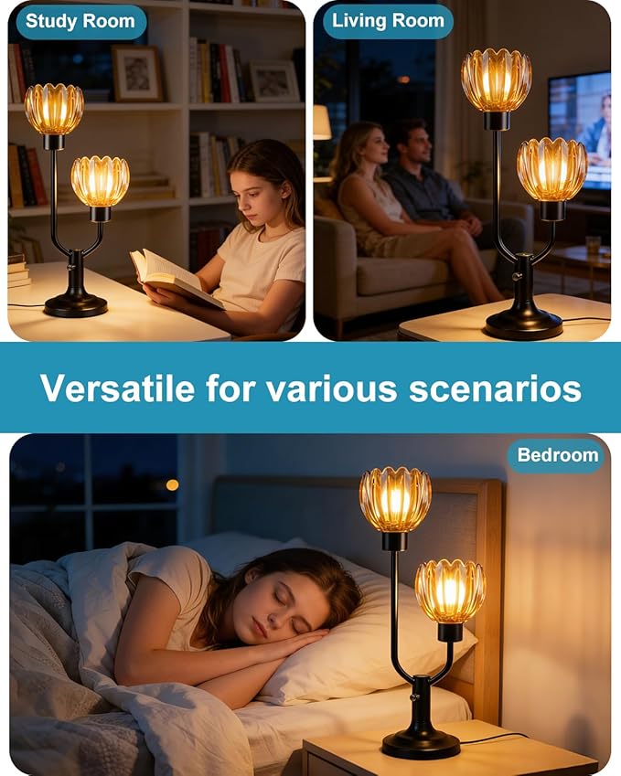 Lightdot Mid Century Modern Flower Table Lamp for Bedroom Dimmable Nightstand Lamp Amber Glass Vintage Black Desk Lamp 2 Bulbs Included Warmwhite Ambient Bedside Lamp for Living Room Home Office Decor