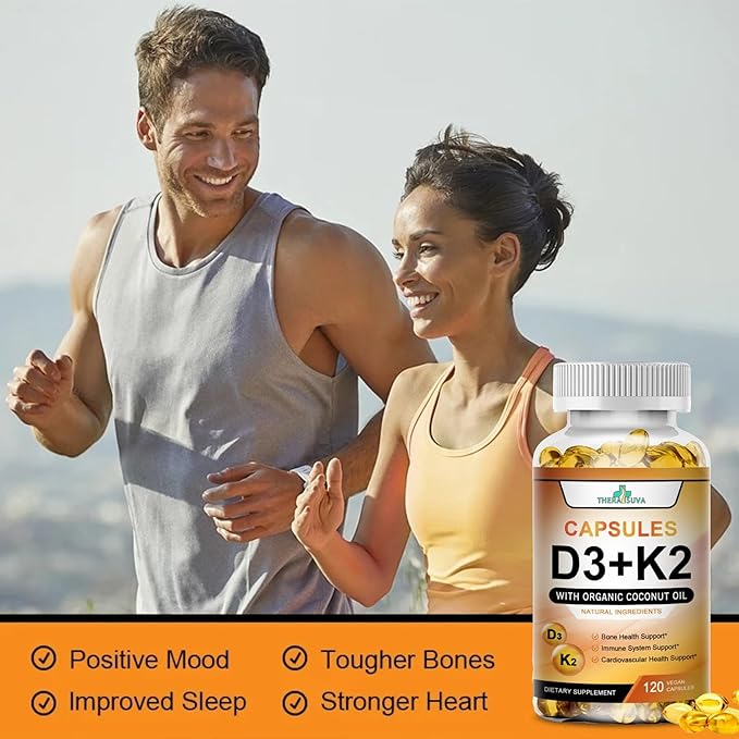 Vitamine D3 5 000 UI + K2 Haute Puissance – Végétalienne, sans OGM, avec Huile de Coco Biologique pour une Meilleure Absorption – Soutien Osseux & Cardiaque, Approvisionnement de 2 Mois, 120 Gélules Molles