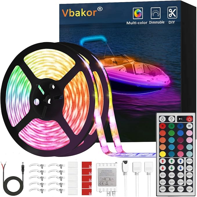 Boat Strip Lights Waterproof 50FT, 12v RGB Marine Pontoon Boat Lights, Boats Interior Deck Cabin Light, Night Fishing Lighting for Jon Bass, Yacht, Kayak, RV