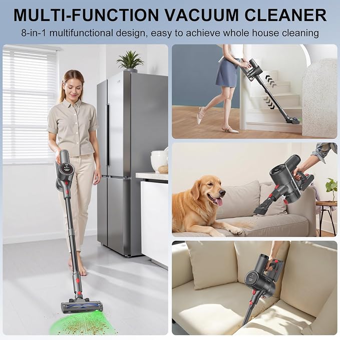 Cordless Vacuum Cleaner, 45KPA Powerful Stick Vacuum with LED Display Design, Tangle-Free Brush, Self-Standing, HEPA Filter, for Pet Hair, Carpet, Hardwood - Black