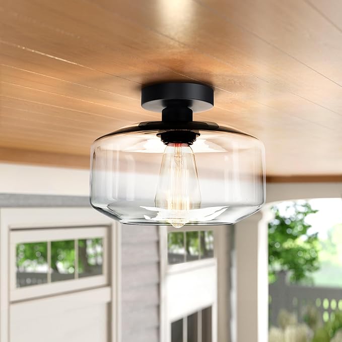 MAXvolador Industrial Semi Flush Mount Ceiling Light Large, Clear Glass Pendant Lamp Shade, Lighting for Hallway, Vintage Hanging Light Fixtures