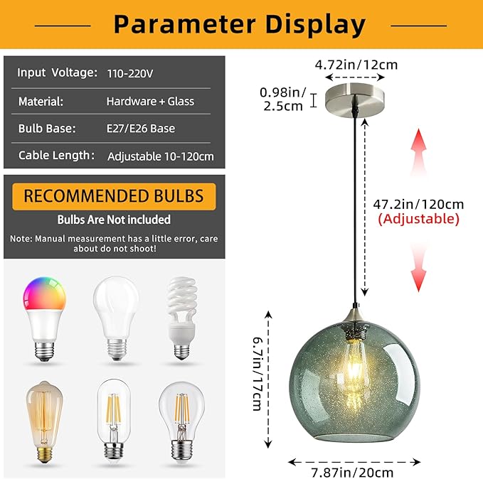 Modern 3-Pack Glass Globe Pendant Lights, Gray Green Modern Pendant Lighting for Kitchen Island, Glass Hanging Lamps for Dining Room Living Room Bedroom, Medium 7.87 Inch Fixture (Bulbs Not Included)