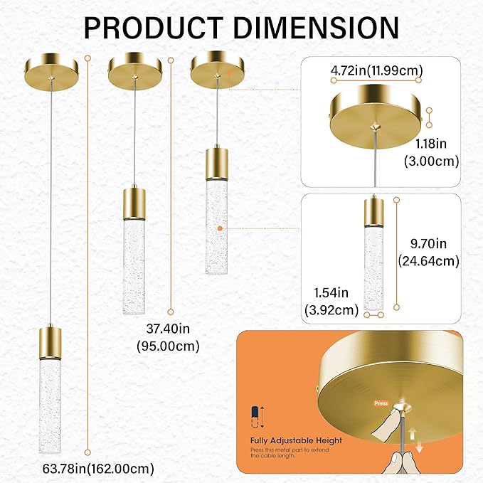 Pendant Lights Kitchen Island, 6500K Modern Kitchen Island Lights Brushed Gold, 3 Pack Ceiling Lighting Fixtures with Crystal Bubble, Integrated LED Hanging Light for Dining Room Restaurant