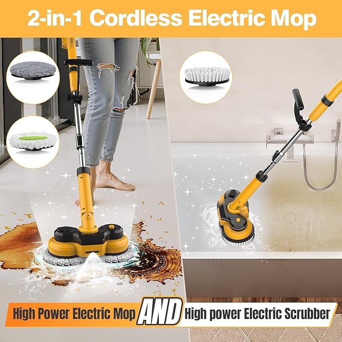 Cordless Electric Mop for Dewalt 20V Battery (NO Battery), 2 in 1 Spin Mop & Electric Floor Scrubber Machine with LED Light & Water Spray, 800 RPM Rotating Electric Mops for Floor