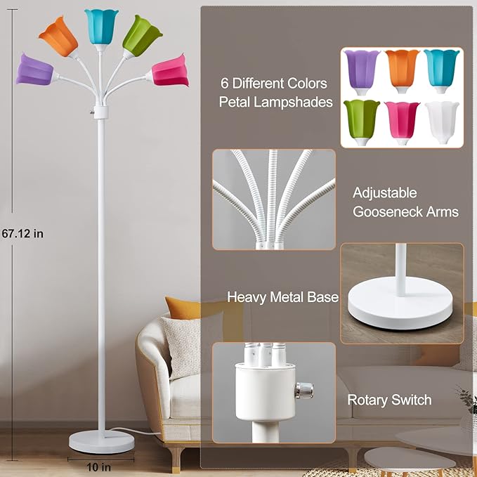 GyroVu Medusa LED Floor Lamp, Multi Head Modern Tall Lamp with Adjustable Gooseneck Standing Lamps for Living Room Bedroom Kids Room Office 6 Color Lampshades Bulb Not Included(White)