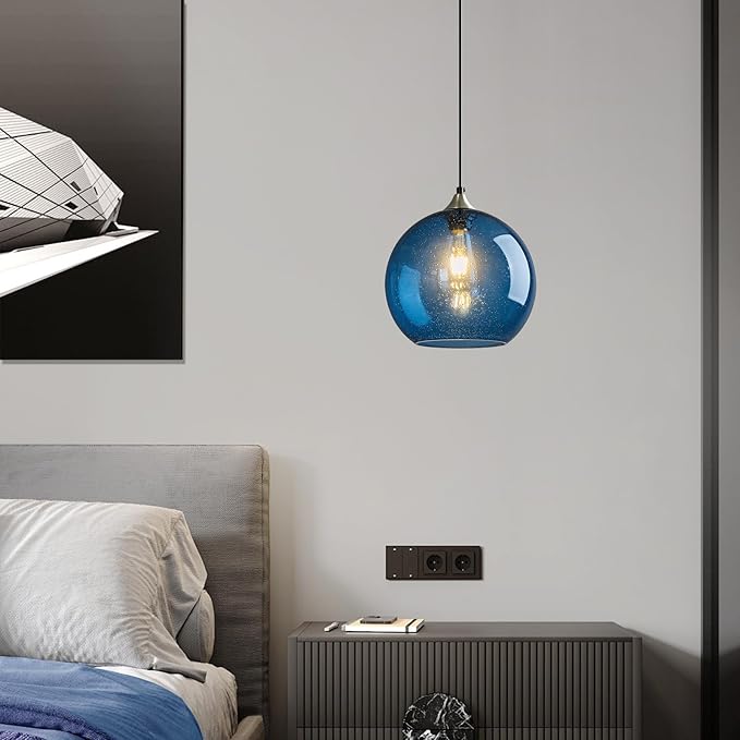 Mikeru Glass Globe Pendant Light Single, 7.87 Inch Blue Bubble Glass Hanging Lamp, Mid Century Modern Pendant Lighting for Kitchen Island Dining Room Bedroom (Bulb Not Included)