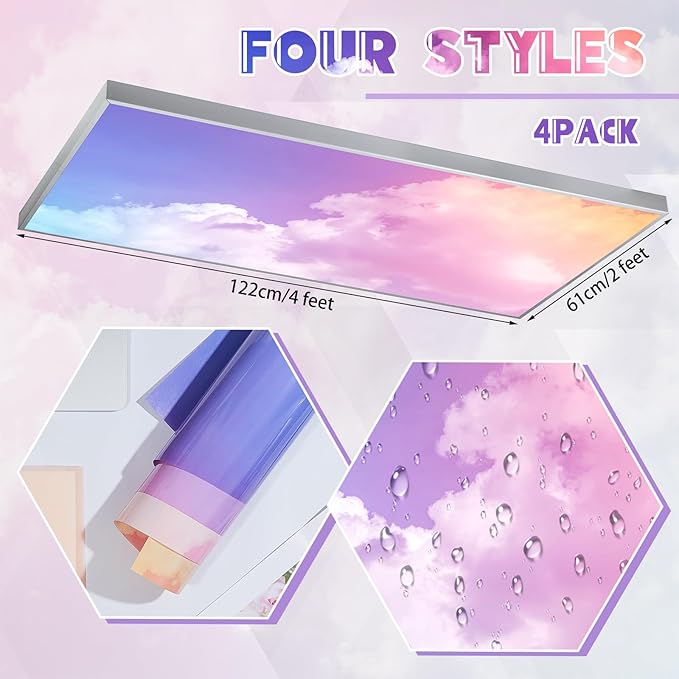Amylove 4 Pcs Fluorescent Light Covers Classroom Ceiling Panels Light Filters with Backlit Film Material for Office School, 4 x 2 Feet(Fancy Color,Colored Clouds)