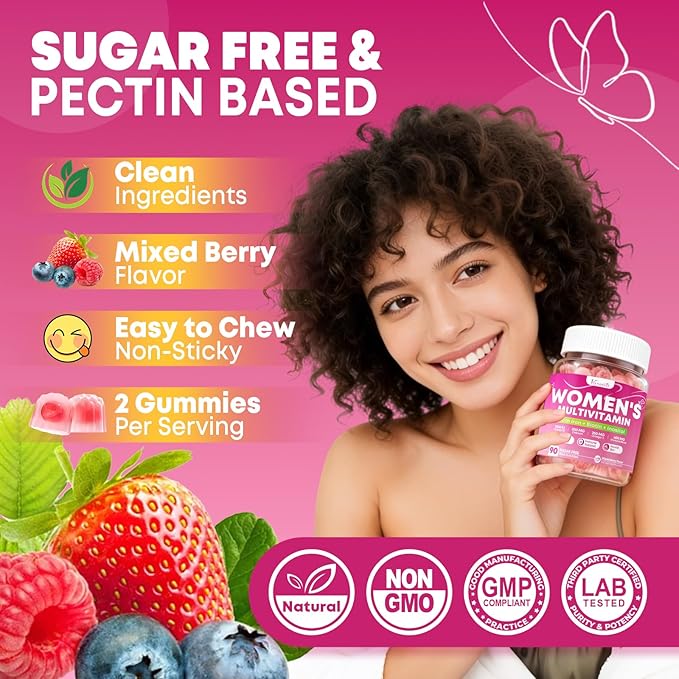 Women's Multivitamin Gummy, Methylated Multivitamin for Women Gummies, Sugar Free Daily Vitamin with Iron, Omega 3, Biotin for Beauty, Immune, Hair & Skin - Vegan, Mixed Berry Flavor, 90 Count