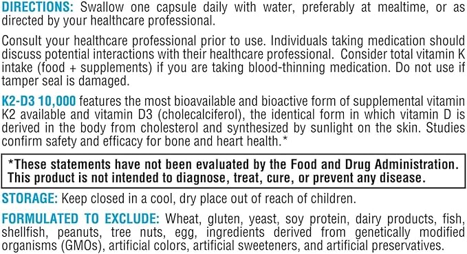 XYMOGEN K2-D3 10000 - Vitamine D3 K2 - Vitamine D biodisponible 10 000 UI (cholécalciférol) avec MK-7 - Soutien cardiovasculaire, artériel, osseux + système immunitaire (60 gélules)
