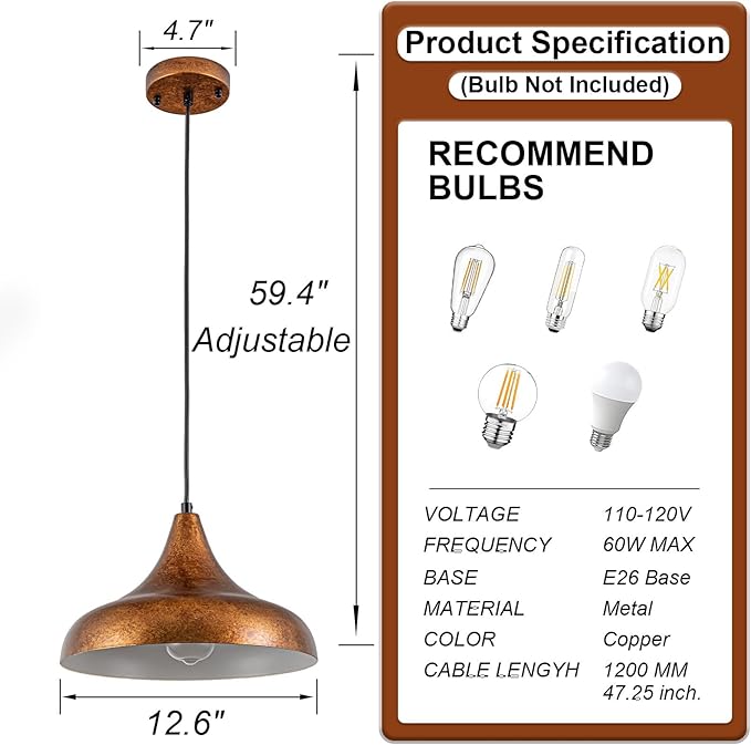 Lingkai 12.6" Farmhouse Pendant Light, Rustic Vintage Hanging Light Fixture Ceiling Mount Lamp for Kitchen Island Dining Room