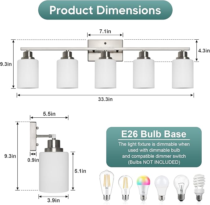 Ascher Bathroom Light Fixtures, 5-Light Vanity Light Over Mirror, Brushed Nickel Wall Sconces with Milky White Frosted Glass Shades, Wall Lamp for Living Room Bedroom, E26 Base(Bulbs Not Included)