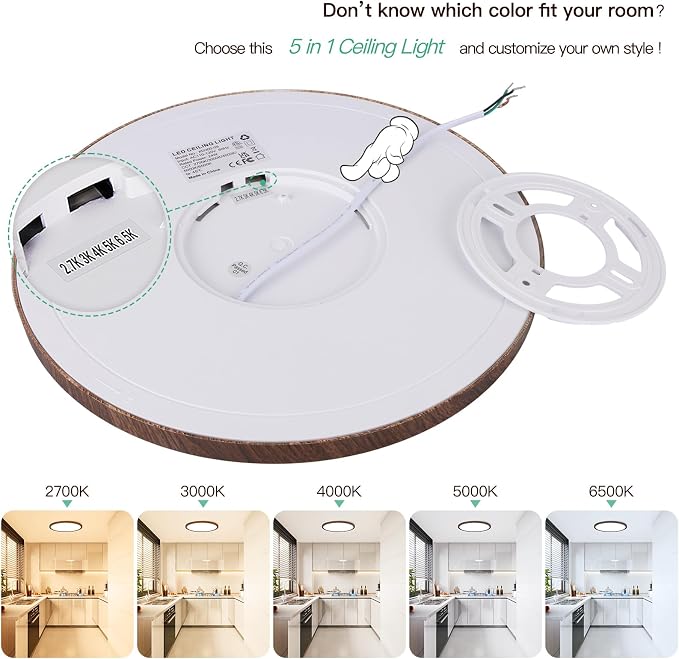 Brightever Walnut Wood LED Flush Mount Ceiling Light, 12 Inch 24W 3200LM Close to Ceiling Light Fixtures, Dimmable & 2700K-6500K 5 Color Selectable Light Fixtures Ceiling Mount, 1 Pack