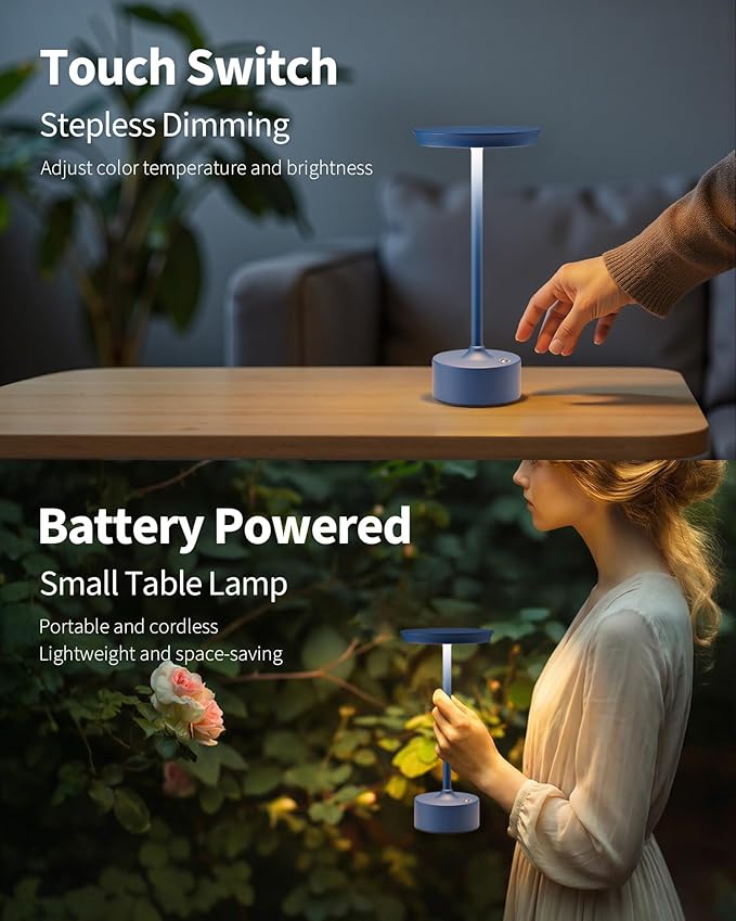 PUSU Rechargeable Table Lamps Set of 2, Blue Cordless LED 4000mAh Battery Desk Lamp, Stepless Dimming & 3 Color 2700K-6000K, Portable Lamp for Bedroom, Living Room, Restaurant, Outdoor, Night Light