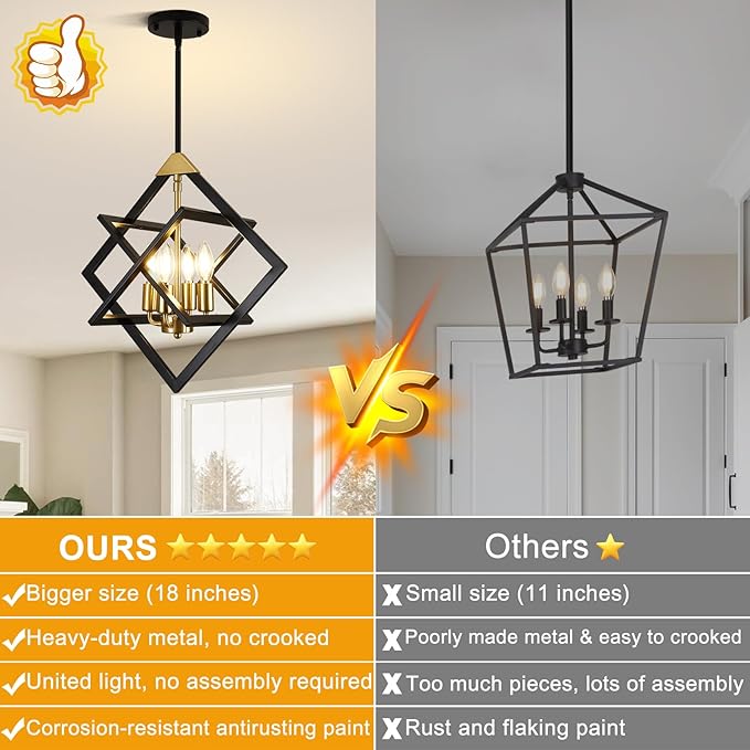 18" Modern Black and Gold Chandelier, No Assembly Required 4-Light Dining Room Light Fixture Over Table, Industrial Metal Hanging Pendant Lights Fixture for Kitchen Island, Entryway, Foyer