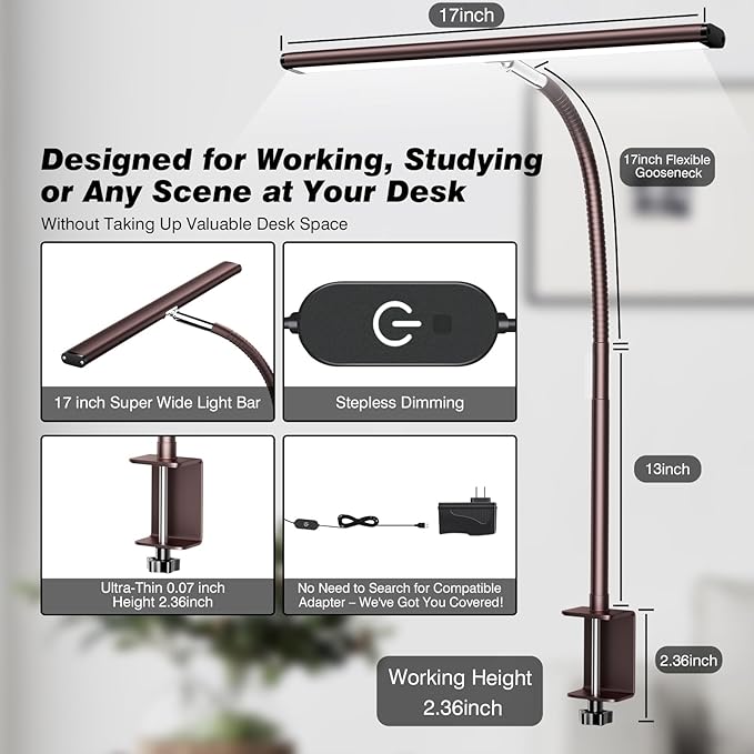 Airlonv LED Desk Lamp for Office Home, Eye-Caring Desk Light with Stepless Dimming Adjustable Flexible Gooseneck, 10W USB Adapter Desk Lamp with Clamp for Reading, Study, Workbench (Brown)