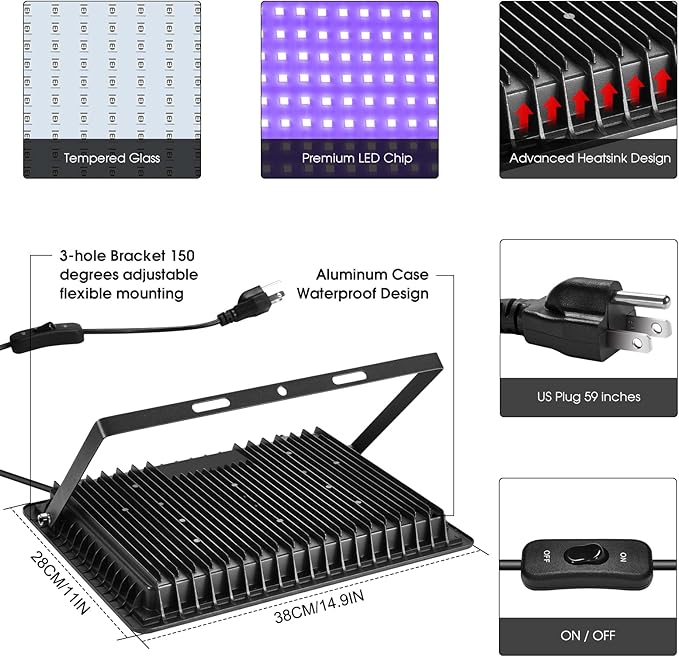 YANYCN 200W 4 Pack LED Black Light, Outdoor Blacklight Flood Lights with Plug and Switch, IP66 Rated for Glow in The Dark, Halloween Party, Body Paint, Aquarium