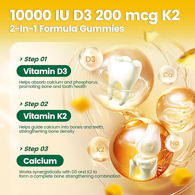 Vitamin D3 K2 Gummies, D3 10000 IU & MK7-200 mcg, 2 in 1 Vitamins D & K Complex | Vitamina D3 con K2 | Supports Calcium Absorption, Bone, Immune, & Heart Health, Easy to Carry and use (120 Gummies)