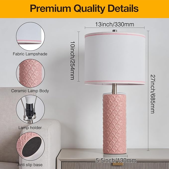 27" Farmhouse Bedside Table Lamp Set of 2, Pink Modern Ceramic Lamps for Living Room, 3 Color Temperature Rustic Table Lamps for Bedroom, Night Stands, Dorm,Office, Home Décor (Bulb Included