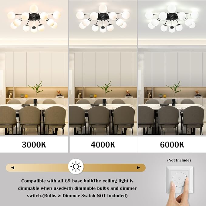 12-Light Milk Glass Pendant Light, 33" Sputnik Bubble Glass Chandelier Light Fixture, Hand Blown Semi Flush Mount Ceiling Chandeliers Lighting for Dining Room, Living Room (Black, 12-Light Ceiling)